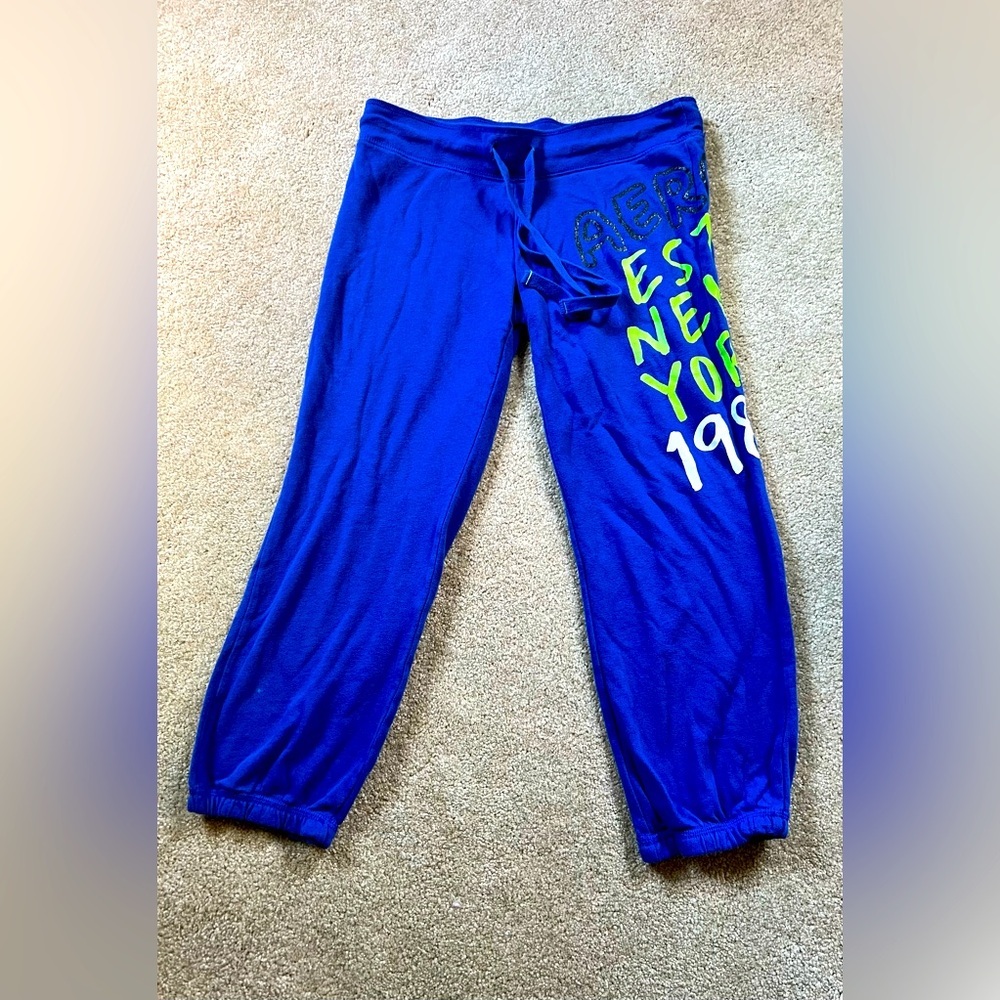 Aero Y2K Blue Capri Joggers with Neon Green and White Print - Picture 3 of 7